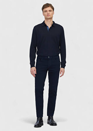 Lacivert Düz Dokuma Slim Fit Casual Pamuk Karışımlı Pantolon