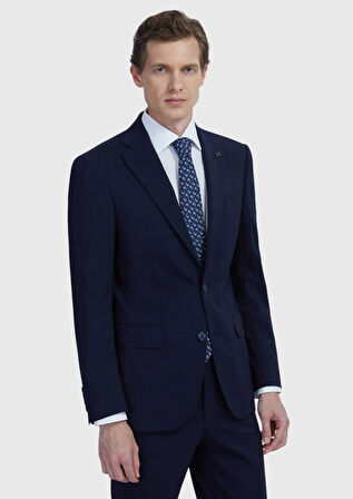 Lacivert Düz Modern Fit Yün Karışımlı Takım Elbise