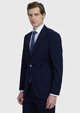 Lacivert Düz Modern Fit Yün Karışımlı Takım Elbise