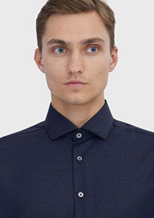 Lacivert Düz Regular Fit Dokuma Klasik %100 Yün Gömlek
