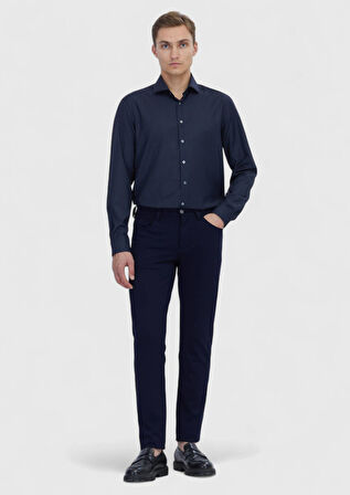 Lacivert Düz Regular Fit Dokuma Klasik %100 Yün Gömlek