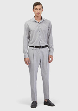 Açık Gri Düz Regular Fit Dokuma Klasik %100 Yün Gömlek