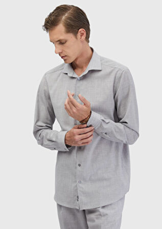 Açık Gri Düz Regular Fit Dokuma Klasik %100 Yün Gömlek