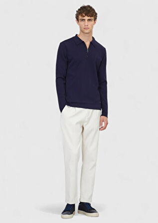 Lacivert Polo Yaka Düz Örgü Triko Kazak