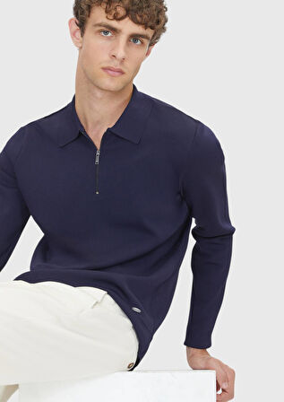 Lacivert Polo Yaka Düz Örgü Triko Kazak
