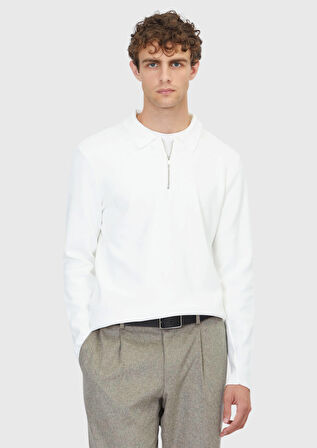 Ekru Polo Yaka Düz Örgü Triko Kazak