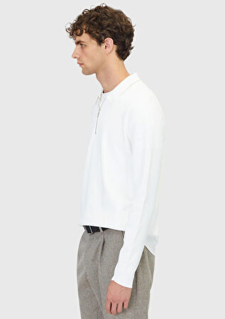 Ekru Polo Yaka Düz Örgü Triko Kazak