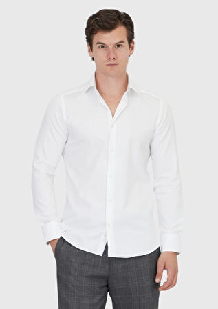 Beyaz Düz Slim Fit Dokuma Klasik %100 Pamuk Gömlek