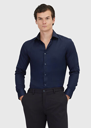 Lacivert Düz Slim Fit Dokuma Klasik %100 Pamuk Gömlek