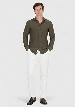 Haki Düz Regular Fit Dokuma Klasik Gömlek