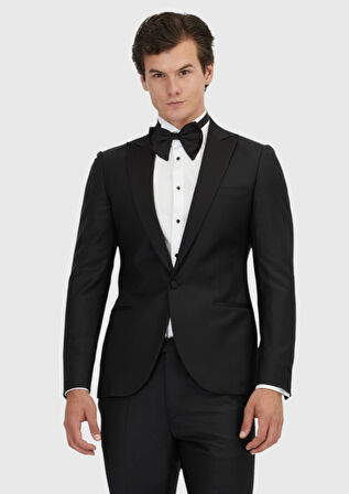 Siyah Düz Fashion Slim Fit Kruvaze Yaka Dokuma Smokin Takım Elbise