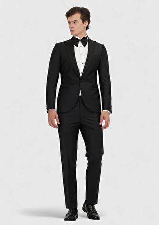 Siyah Düz Fashion Slim Fit Kruvaze Yaka Dokuma Smokin Takım Elbise