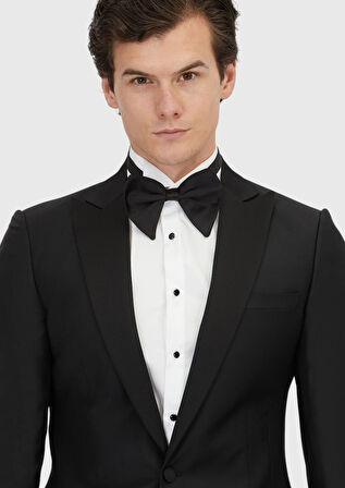 Siyah Düz Fashion Slim Fit Kruvaze Yaka Dokuma Smokin Takım Elbise