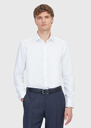 Beyaz Düz Slim Fit Dokuma Klasik %100 Pamuk Gömlek