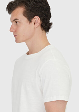 Ekru Düz Bisiklet Yaka %100 Pamuk T-Shirt