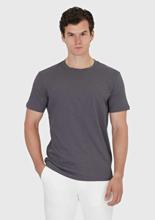 Antrasit Düz Bisiklet Yaka %100 Pamuk T-Shirt