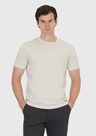 Bej Düz Bisiklet Yaka %100 Pamuk T-Shirt