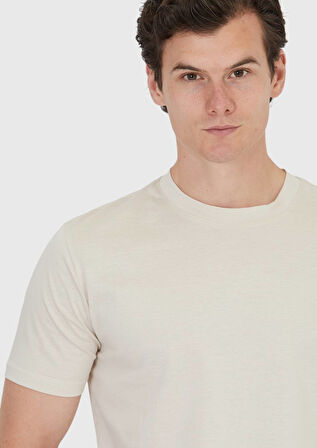 Bej Düz Bisiklet Yaka %100 Pamuk T-Shirt