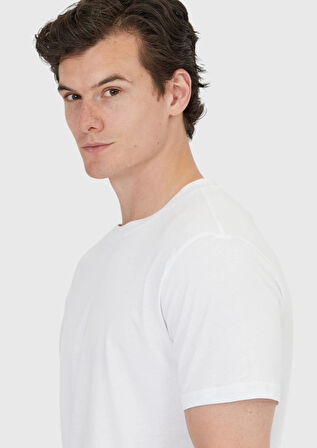 Beyaz Düz Bisiklet Yaka %100 Pamuk T-Shirt