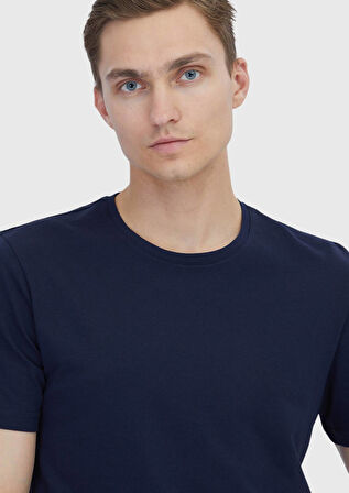 Lacivert Düz Bisiklet Yaka %100 Pamuk T-Shirt
