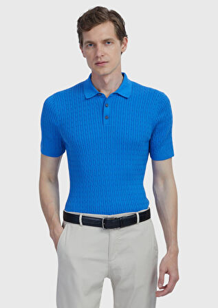 Mavi Polo Yaka Jakarlı Pamuk Karışımlı Triko