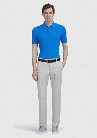 Mavi Polo Yaka Jakarlı Pamuk Karışımlı Triko