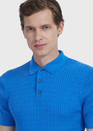 Mavi Polo Yaka Jakarlı Pamuk Karışımlı Triko