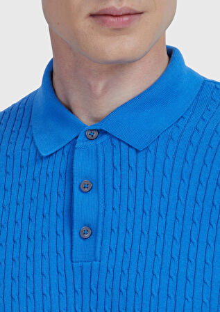 Mavi Polo Yaka Jakarlı Pamuk Karışımlı Triko