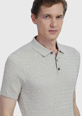 Bej Polo Yaka Jakarlı Pamuk Karışımlı Triko