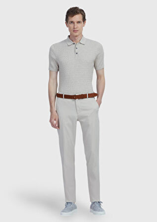 Bej Polo Yaka Jakarlı Pamuk Karışımlı Triko