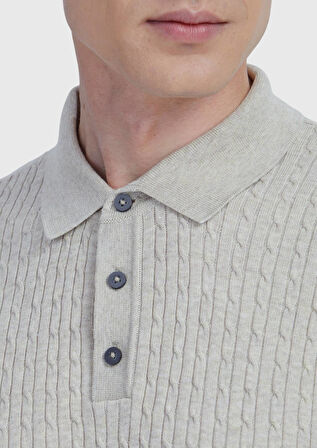 Bej Polo Yaka Jakarlı Pamuk Karışımlı Triko