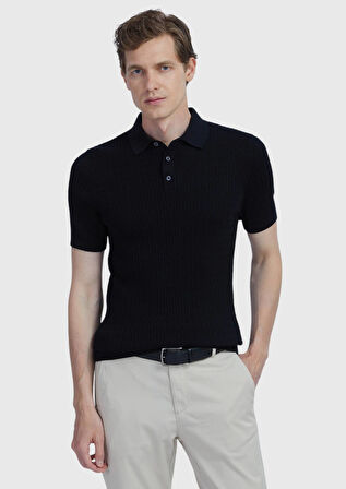 Siyah Polo Yaka Jakarlı Pamuk Karışımlı Triko