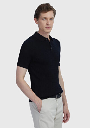 Siyah Polo Yaka Jakarlı Pamuk Karışımlı Triko