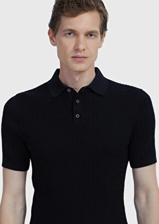 Siyah Polo Yaka Jakarlı Pamuk Karışımlı Triko
