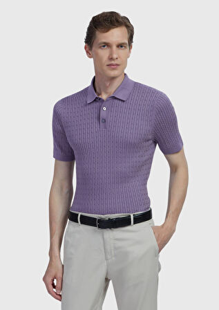 Mor Polo Yaka Jakarlı Pamuk Karışımlı Triko