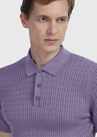 Mor Polo Yaka Jakarlı Pamuk Karışımlı Triko