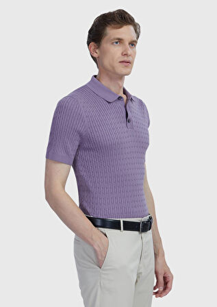 Mor Polo Yaka Jakarlı Pamuk Karışımlı Triko