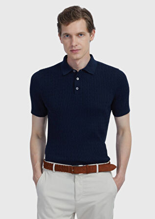 Lacivert Polo Yaka Jakarlı Pamuk Karışımlı Triko