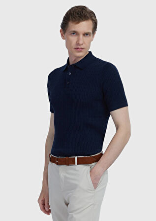 Lacivert Polo Yaka Jakarlı Pamuk Karışımlı Triko