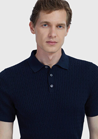 Lacivert Polo Yaka Jakarlı Pamuk Karışımlı Triko