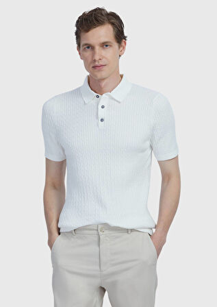 Beyaz Polo Yaka Jakarlı Pamuk Karışımlı Triko