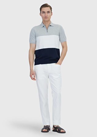 Gri Polo Yaka Çizgili Pamuk Karışımlı Triko