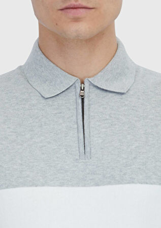 Gri Polo Yaka Çizgili Pamuk Karışımlı Triko