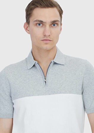Gri Polo Yaka Çizgili Pamuk Karışımlı Triko