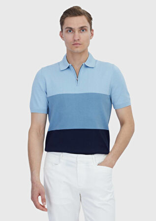Açık Lacivert Polo Yaka Çizgili Pamuk Karışımlı Triko