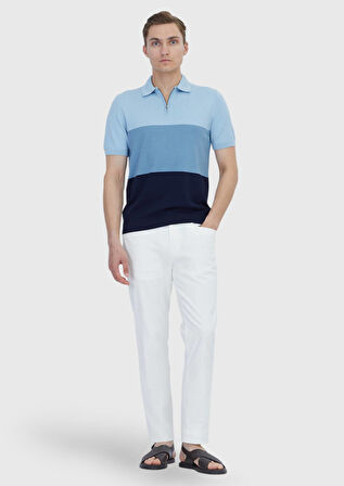 Açık Lacivert Polo Yaka Çizgili Pamuk Karışımlı Triko