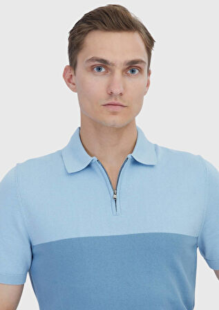 Açık Lacivert Polo Yaka Çizgili Pamuk Karışımlı Triko