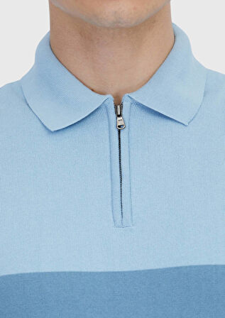 Açık Lacivert Polo Yaka Çizgili Pamuk Karışımlı Triko