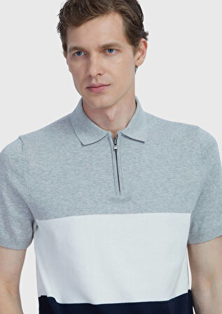 Lacivert Polo Yaka Çizgili Pamuk Karışımlı Triko