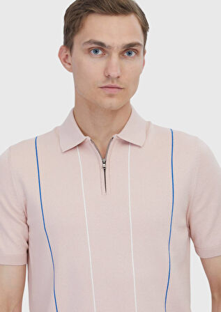 Pembe Polo Yaka Çizgili Pamuk Karışımlı Triko